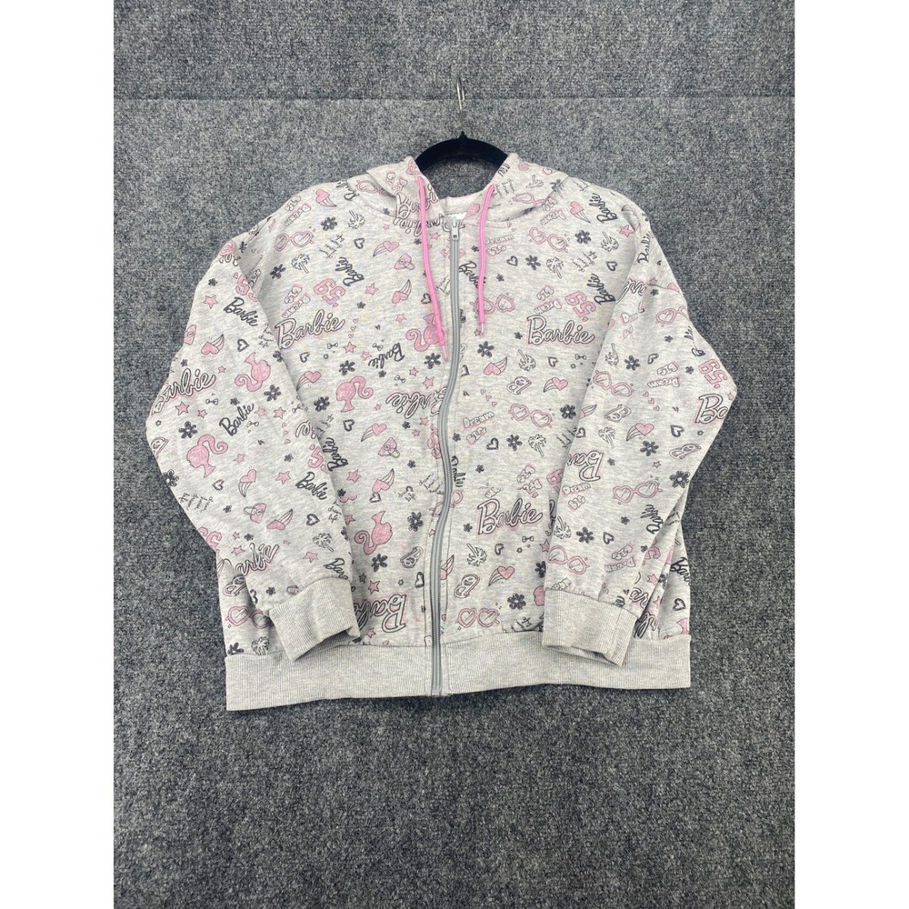 Barbie Full Zip Hoodie Womens L Grey Pink All Over Print Logo LH42314HO